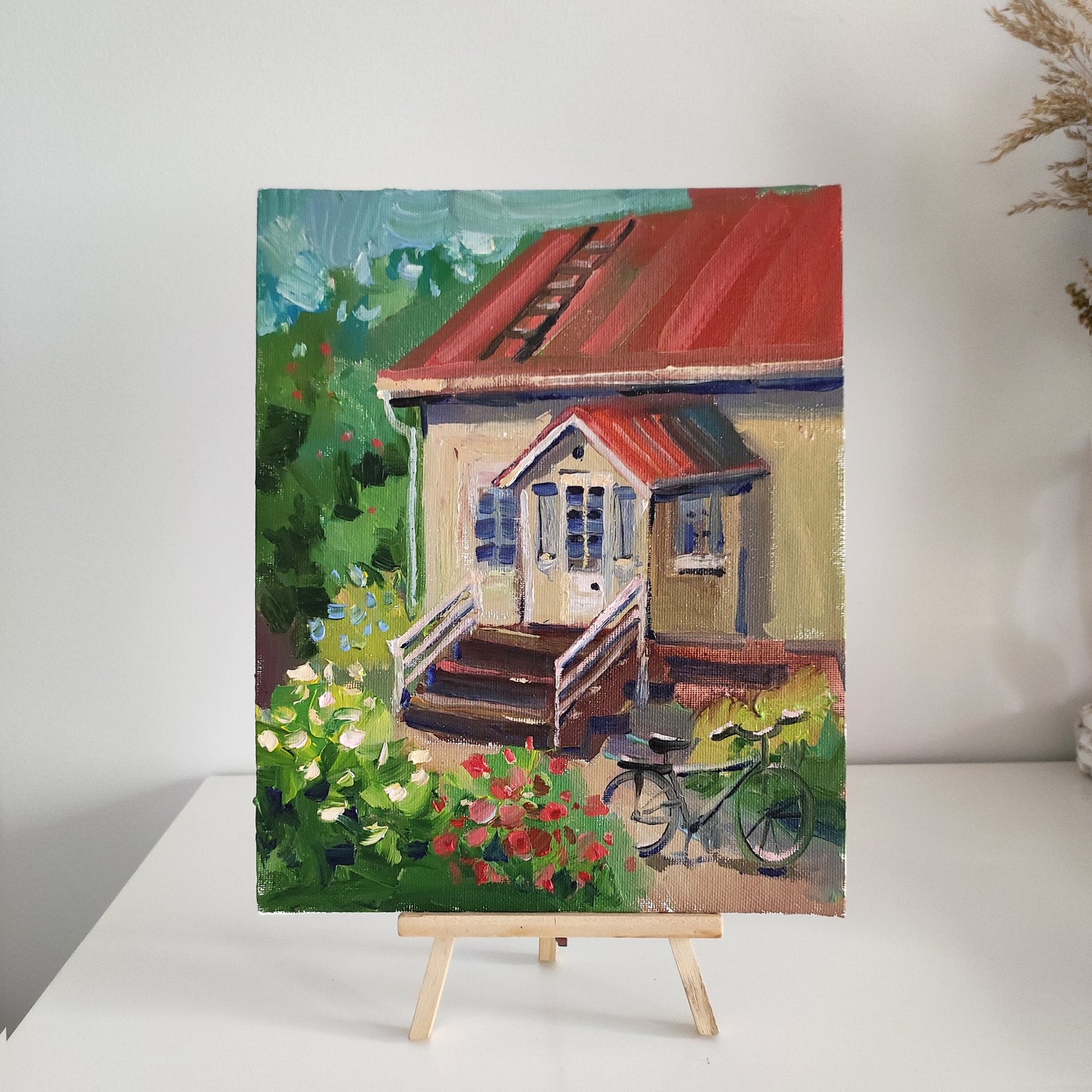 Original oil painting house landscape. House portrait painting tiny painting bicycle painting house oil painting cottage farmhouse painting