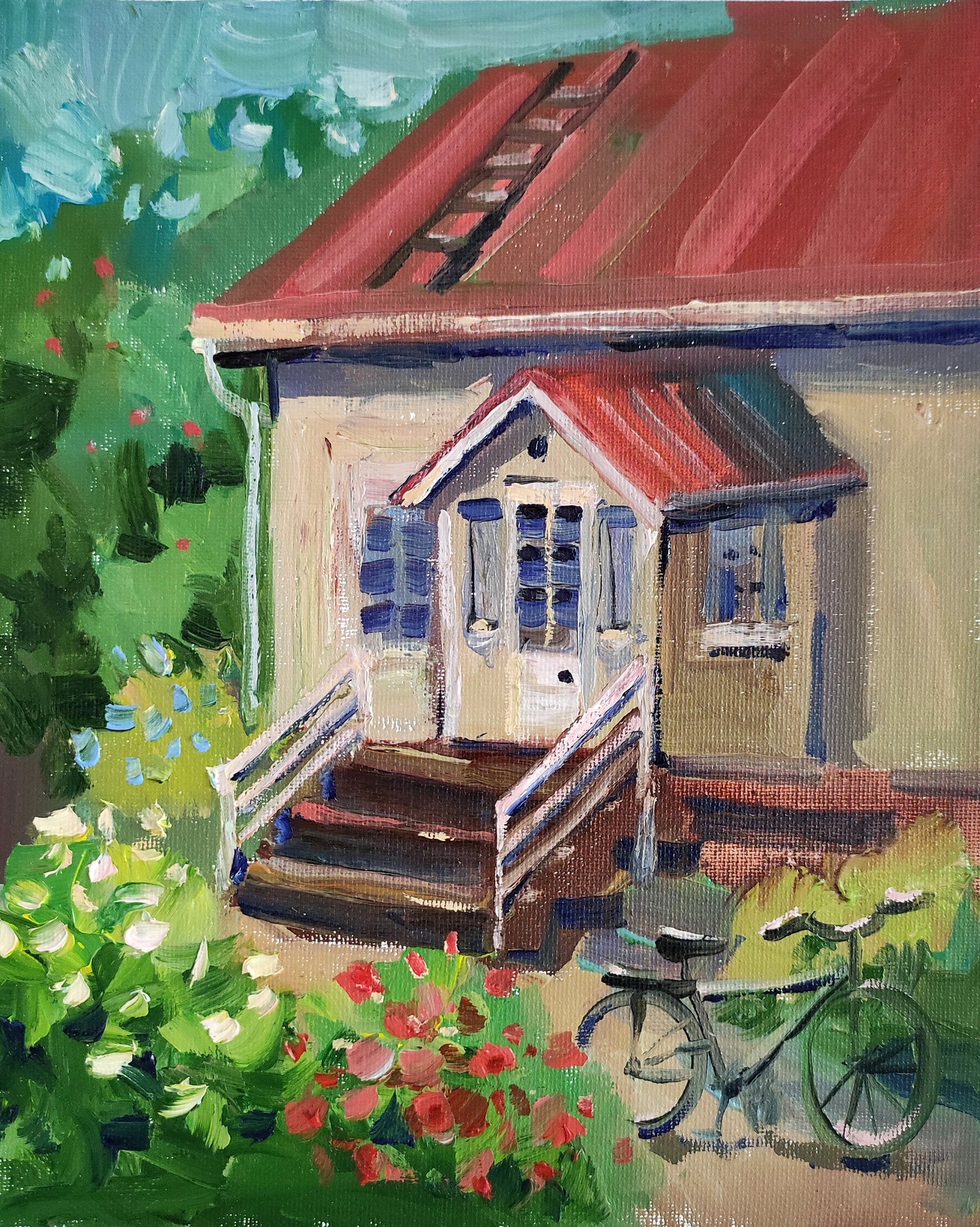 Original oil painting house landscape. House portrait painting tiny painting bicycle painting house oil painting cottage farmhouse painting