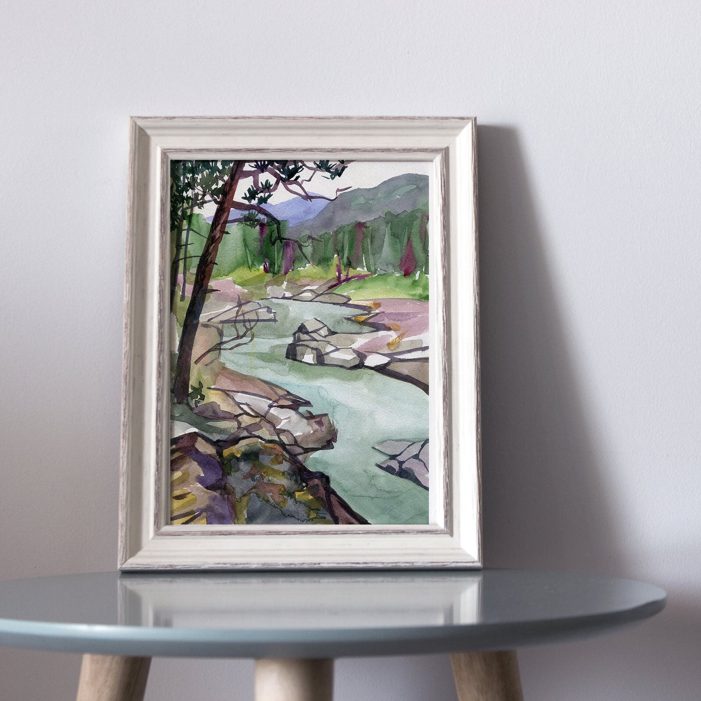 Original watercolor painting landscape. Mountain river wall art Mountain landscape painting mountain wall art Altai mountain stream painting