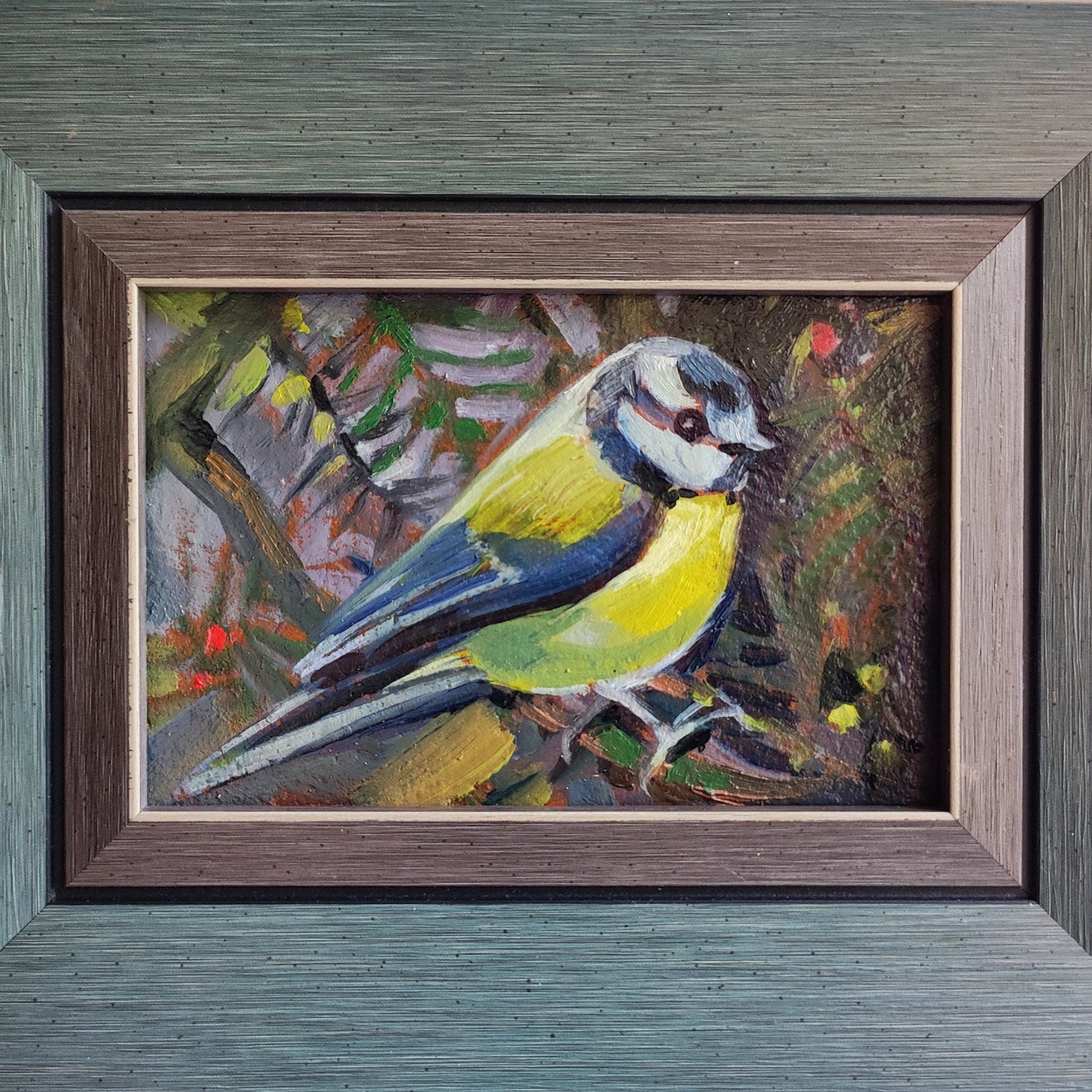 Original Chickadee oil painting. Titmouse wall art. Framed oil painting on cardboard. Chickadee painting Spring forest oil painting