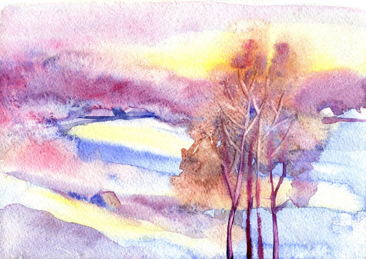 Original watercolor painting winter landscape Christmas morning wall art Xmas landscape painting Winter solstice original watercolor sunrise