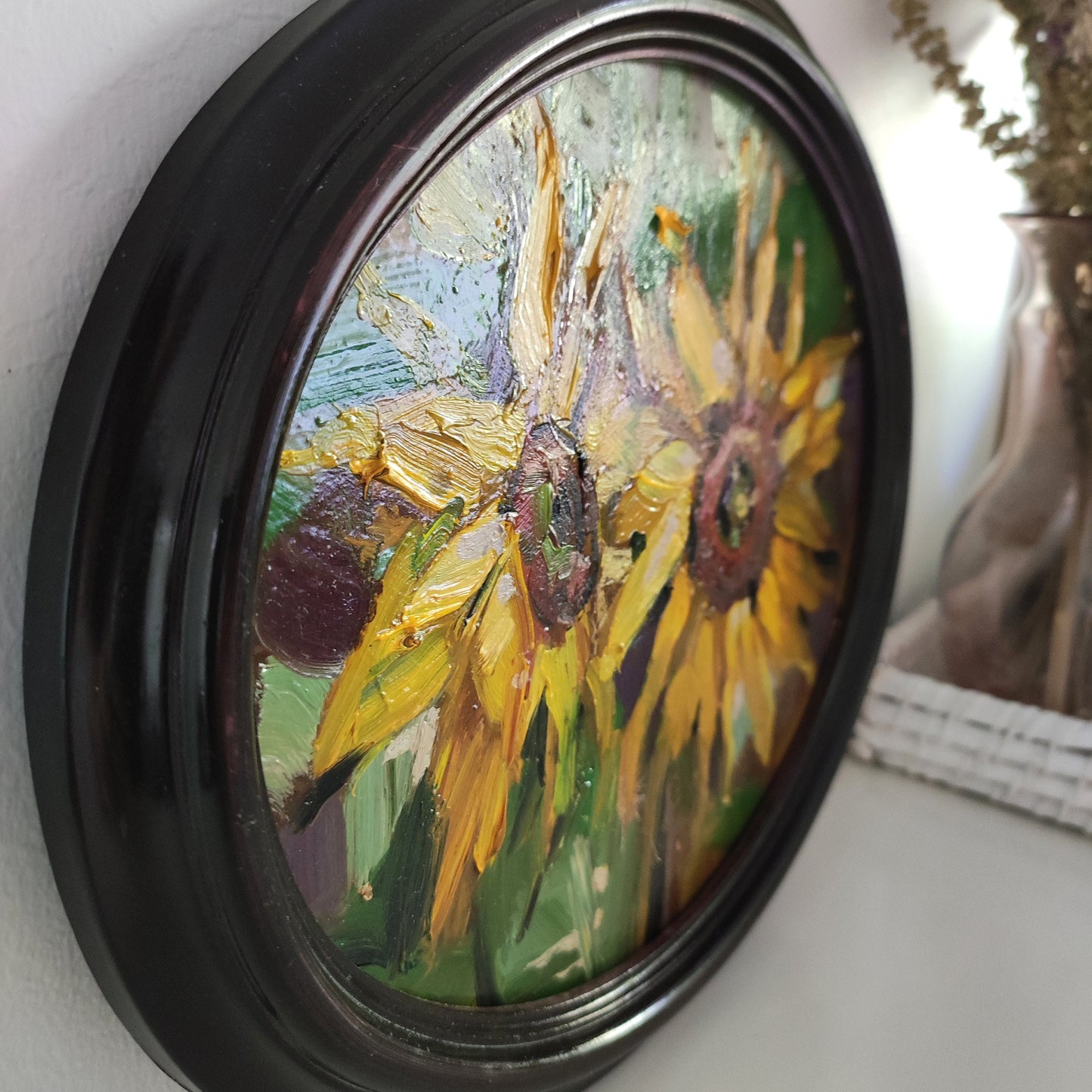 Sunflowers Original oil painting, vintage oval frame 9 by 11" sunflower painting impasto painting sunflowers art floral countryside painting