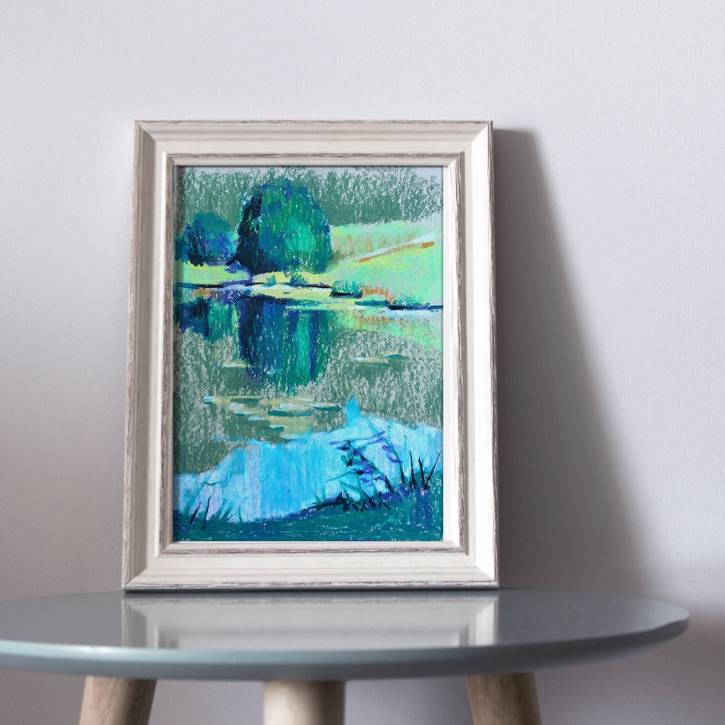 Original pastel painting landscape. Lake wall art. Summer landscape painting lake house decor lake art pastel wall art original drawing lake