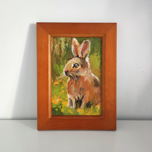 Bunny. Oil painting in vintage wooden frame. Cottage core style