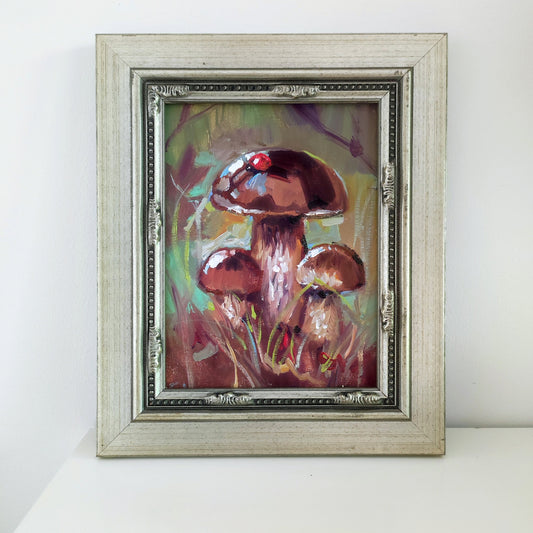 Original oil painting mushroom Framed painting Whimsical forest cottagecore art mushroom ladybug painting fathers day gift original painting