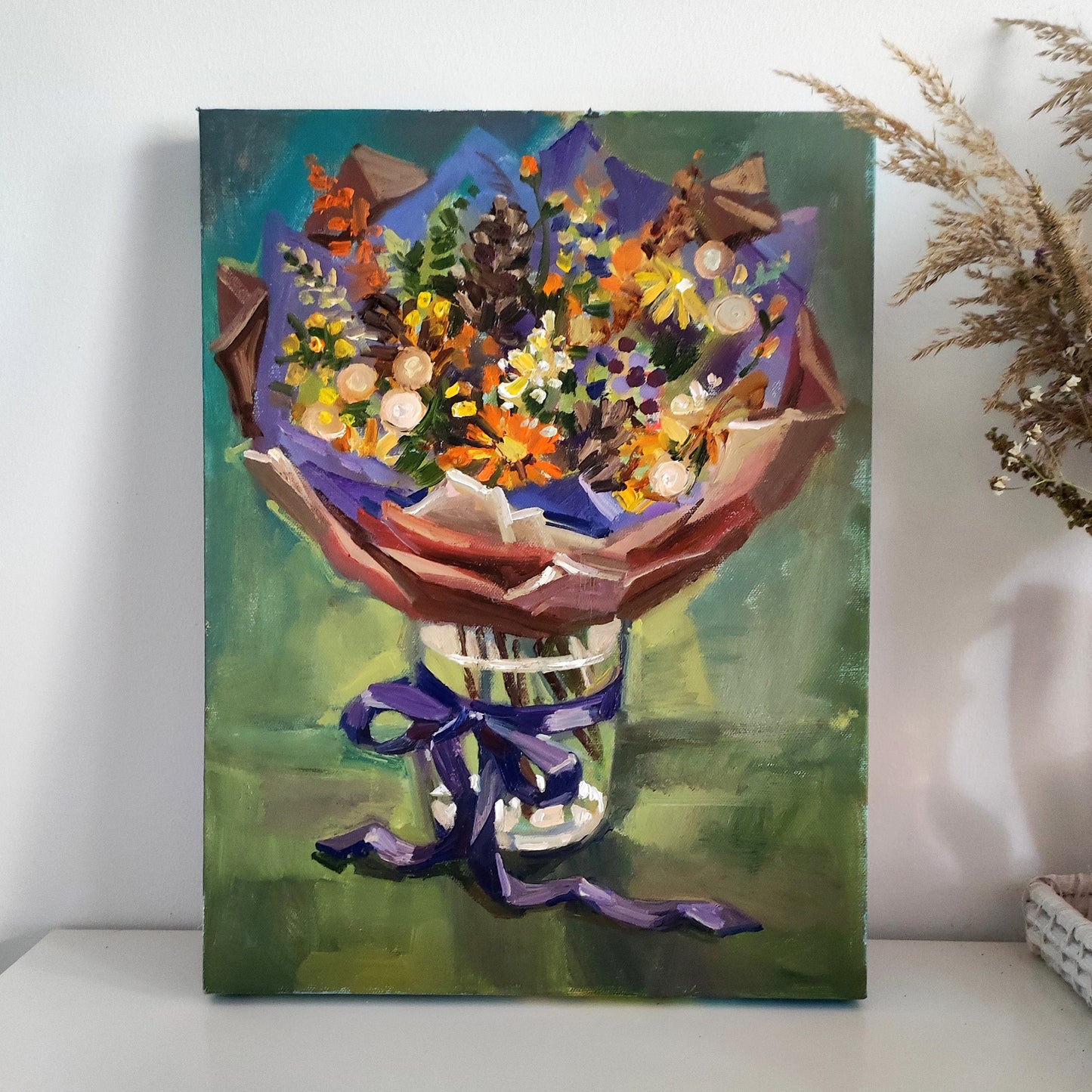 Original oil painting bouquet. Floral painting wall art. Floral oil painting wildflowers art work, bouquet ribbon daisy painting on canvas