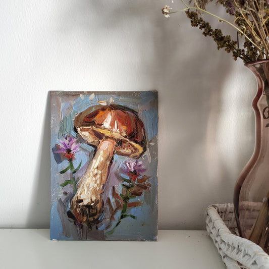 Mushroom original oil painting. Cottagecore forest oil painting Vintage style oil painting on canvas board Mushrooms wall art bitch mushroom