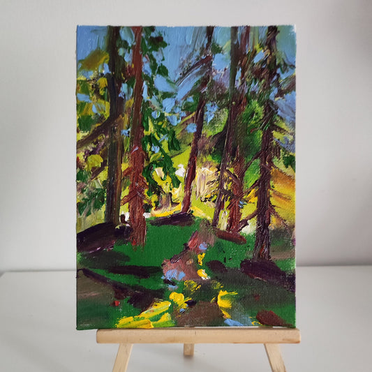 Original oil painting forest trees landscape. Summer landscape tree oil painting. Classic impasto plein air impressionist oil painting