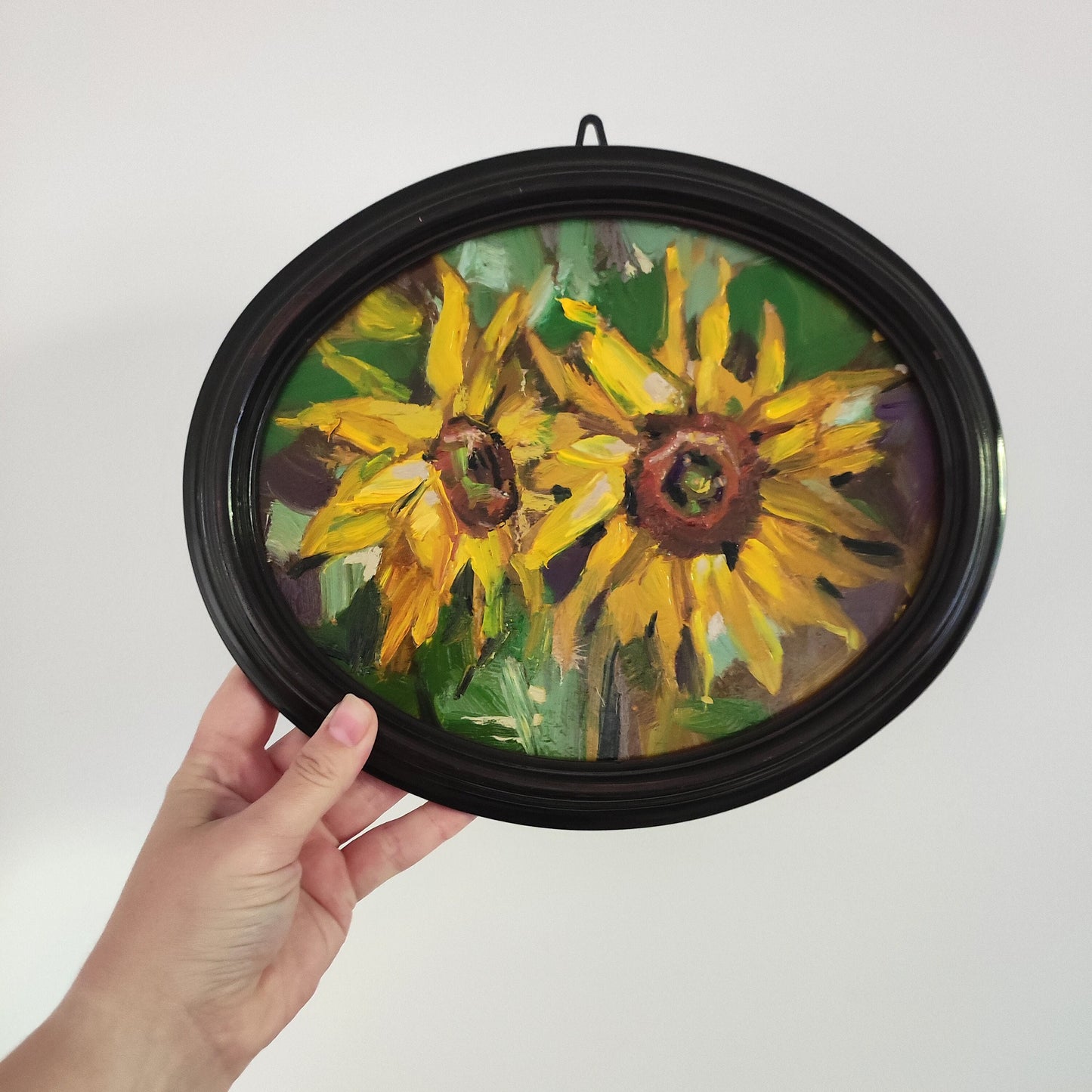 Sunflowers Original oil painting, vintage oval frame 9 by 11" sunflower painting impasto painting sunflowers art floral countryside painting