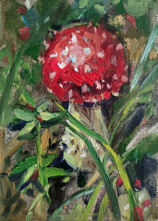 Mushroom Fly agaric original oil painting. Cottagecore forest oil painting. Vintage style oil painting Mushroom painting fairycore art