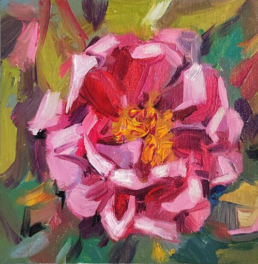 Original oil painting peony pink flowers Cottagecore wall art Tiny oil painting Bouquet painting Floral painting chinese rose painting