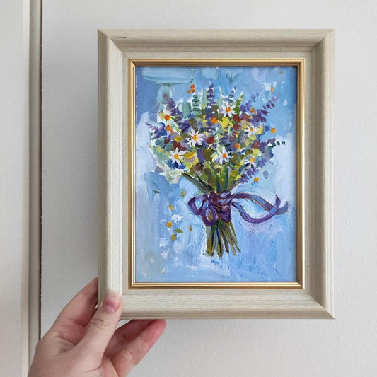 Summer bouquet framed original oil painting cottage core art Lavender painting Floral oil painting daisy bouquet painting daisies painting