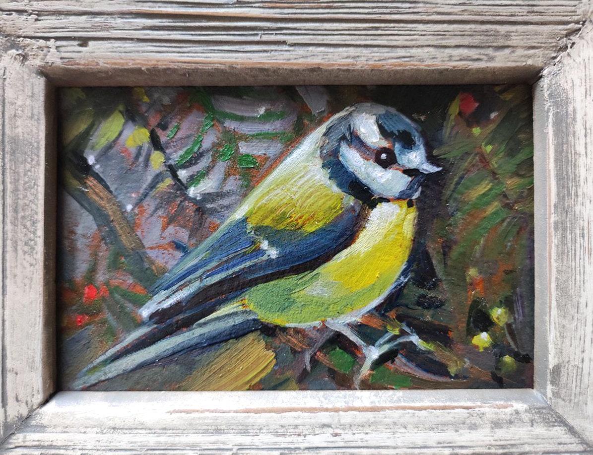 Chickadee. Original oil painting in a vintage frame.