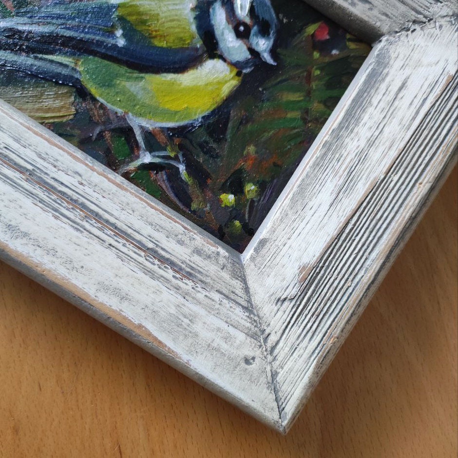 Chickadee. Original oil painting in a vintage frame.