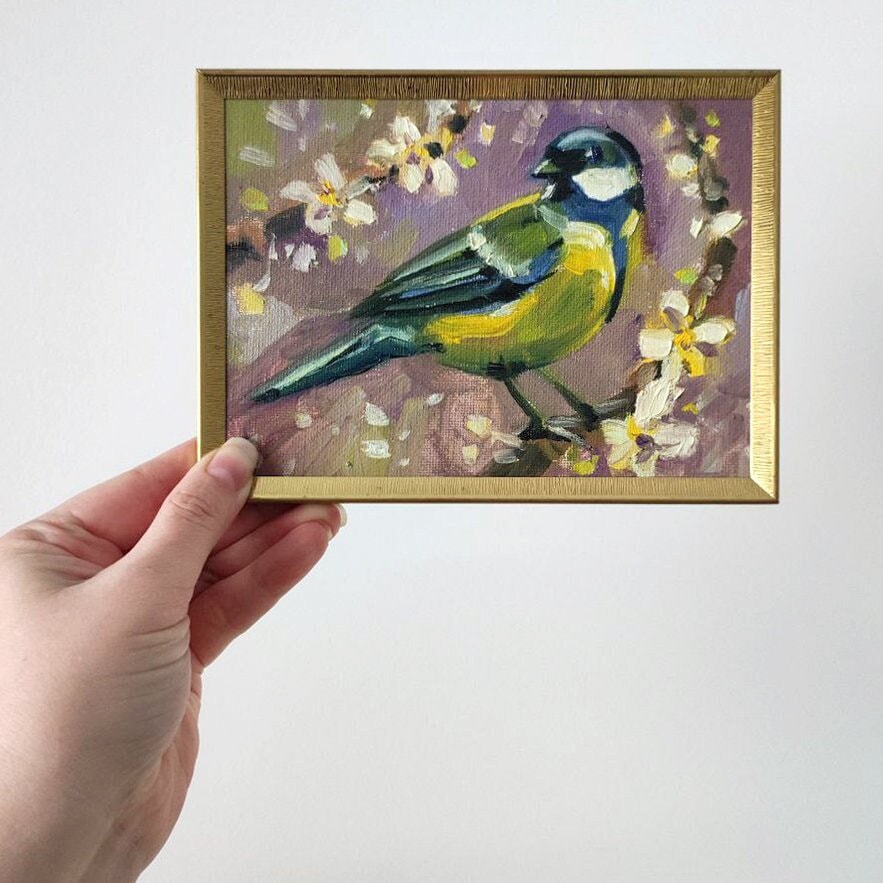 Chickadee. Framed original oil painting. Vintage style